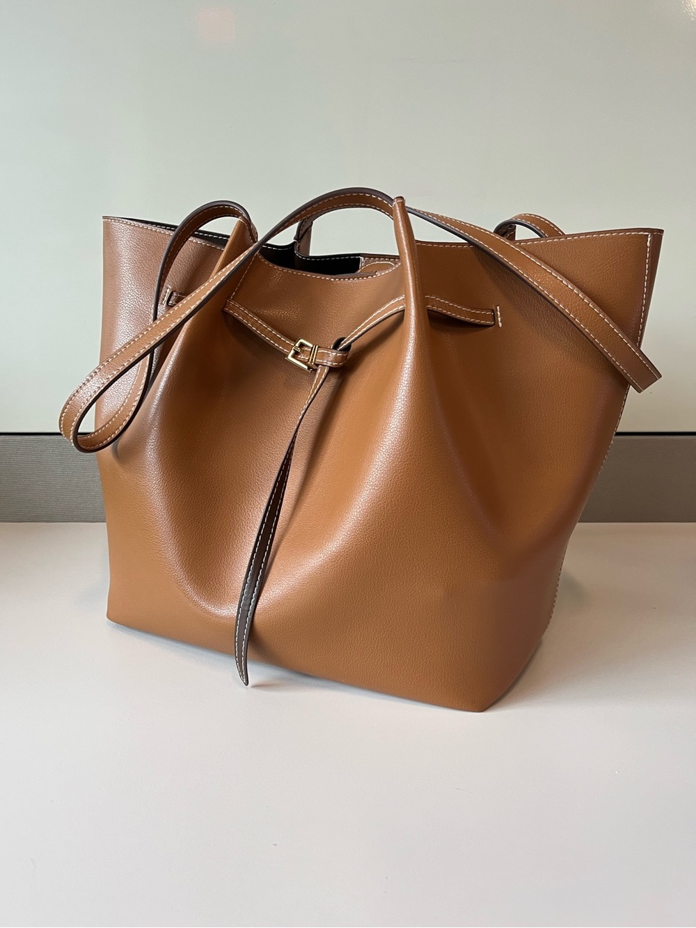 Belted Pinched Handle Tote Handbag